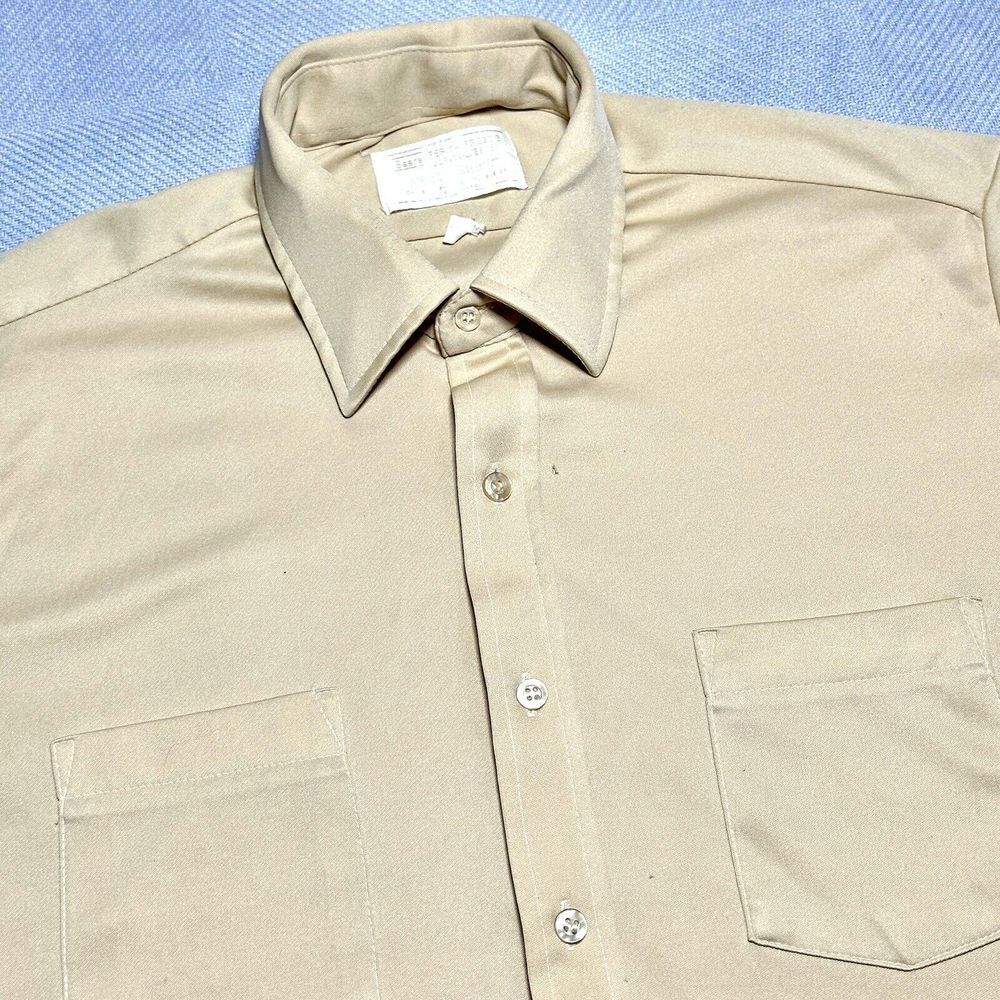 Vintage 60s 70s Sears Polyester‎ Knit Stretchy Button Up Tan Shirt Men's Sz 15.5